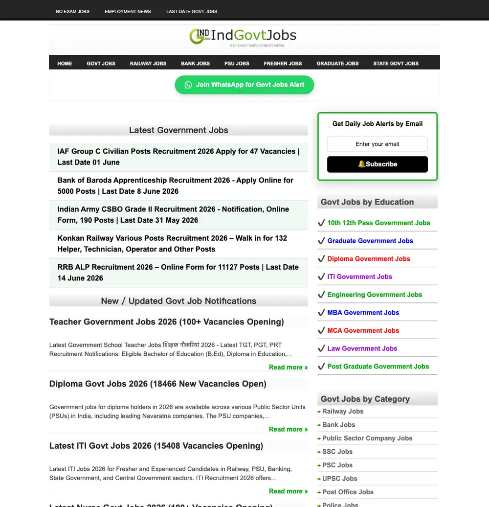 IndGovtJobs job board platform screenshot showing job search interface