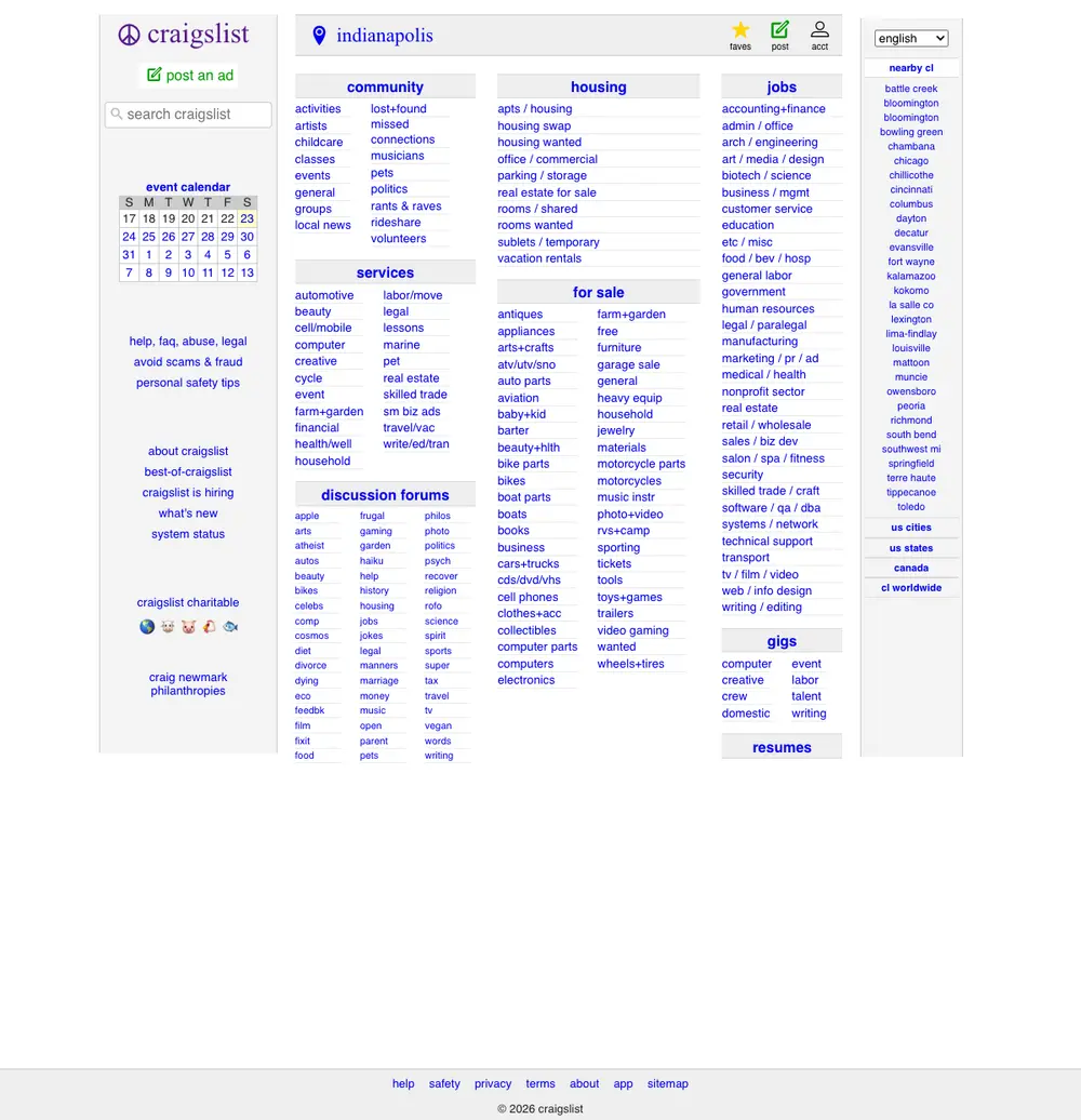 craigslist job board platform screenshot showing job search interface