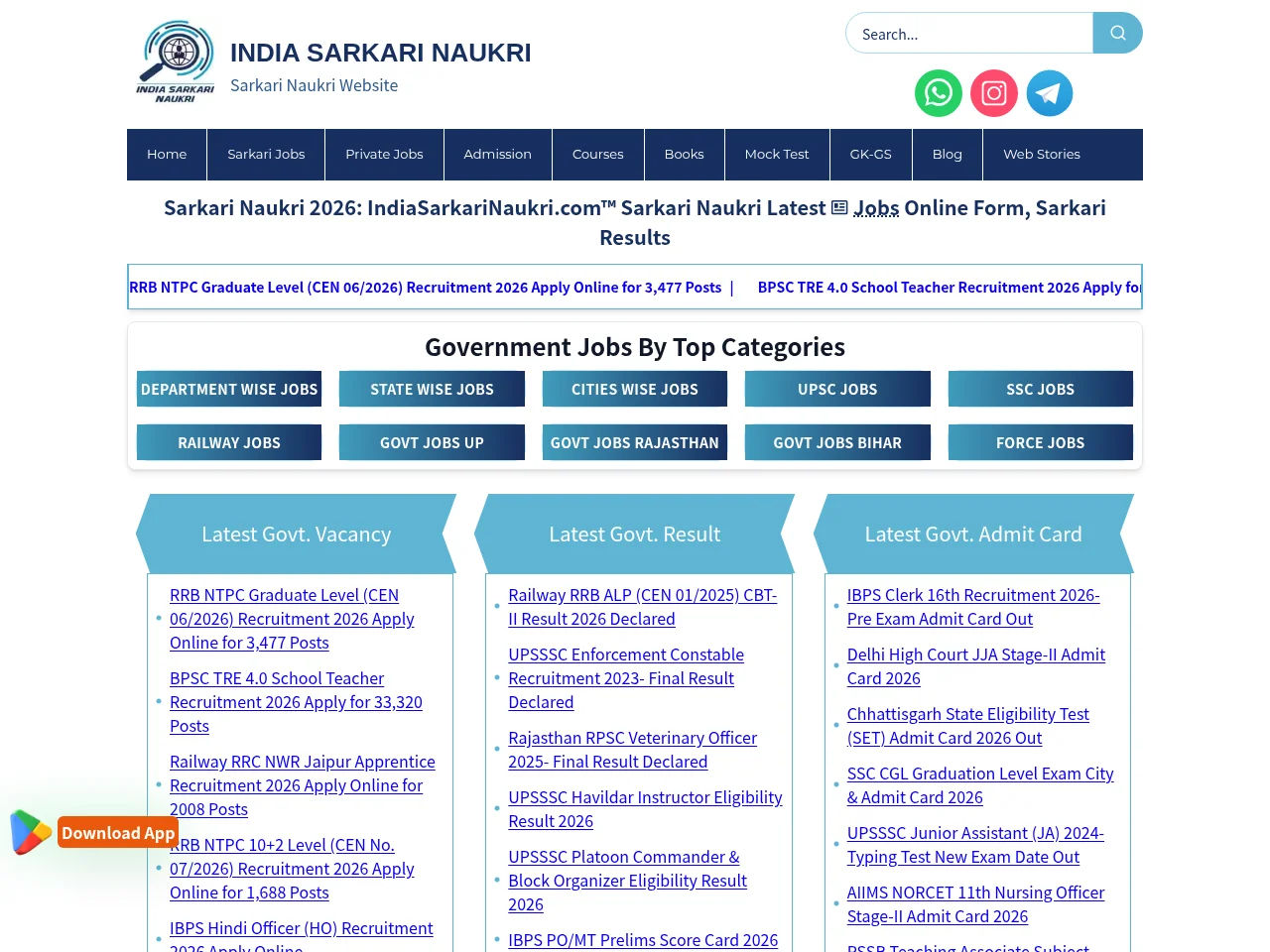 IndiaSarkariNaukri.com job board platform screenshot showing job search interface