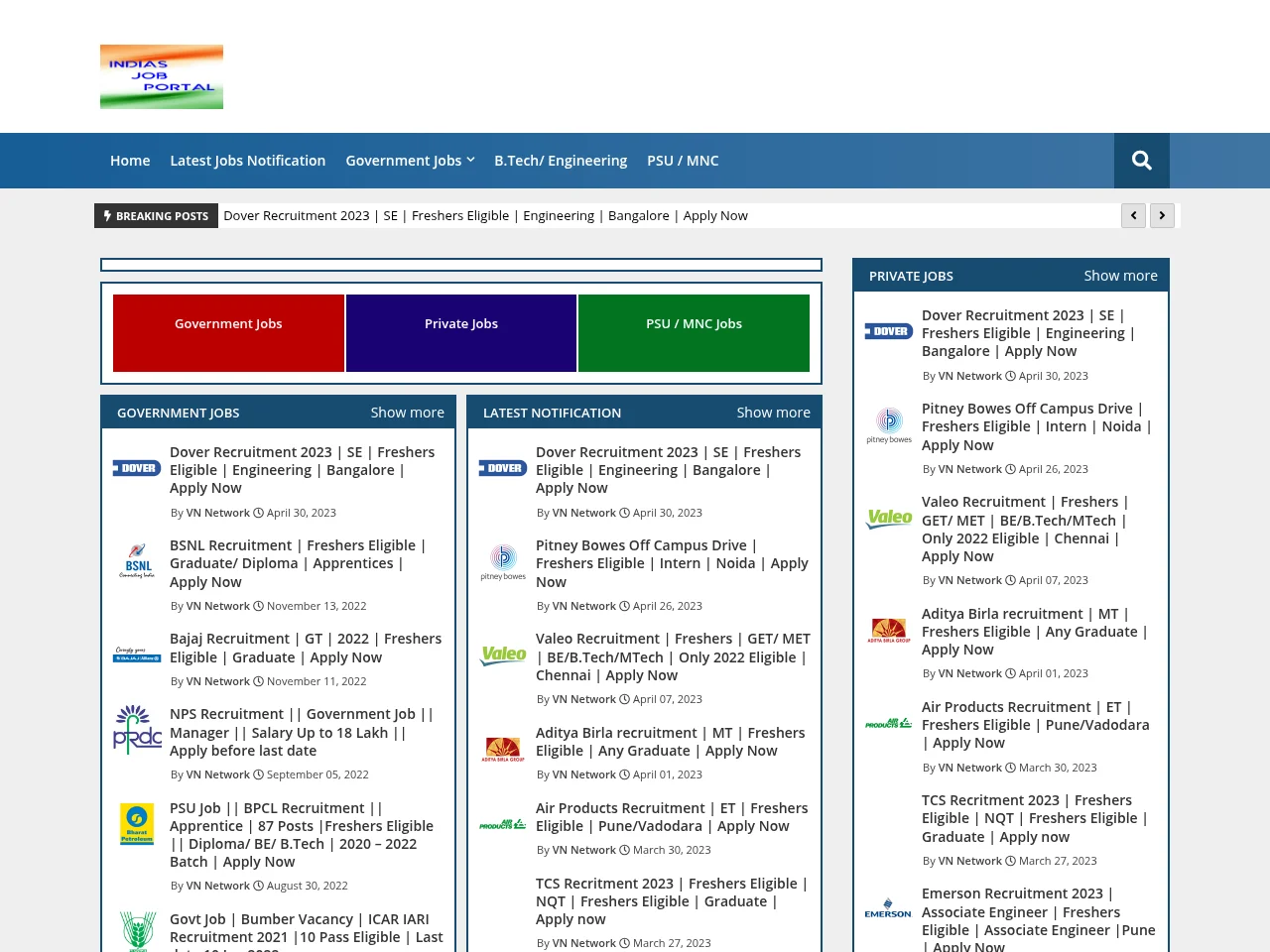 Indias Job Portal job board platform screenshot showing job search interface