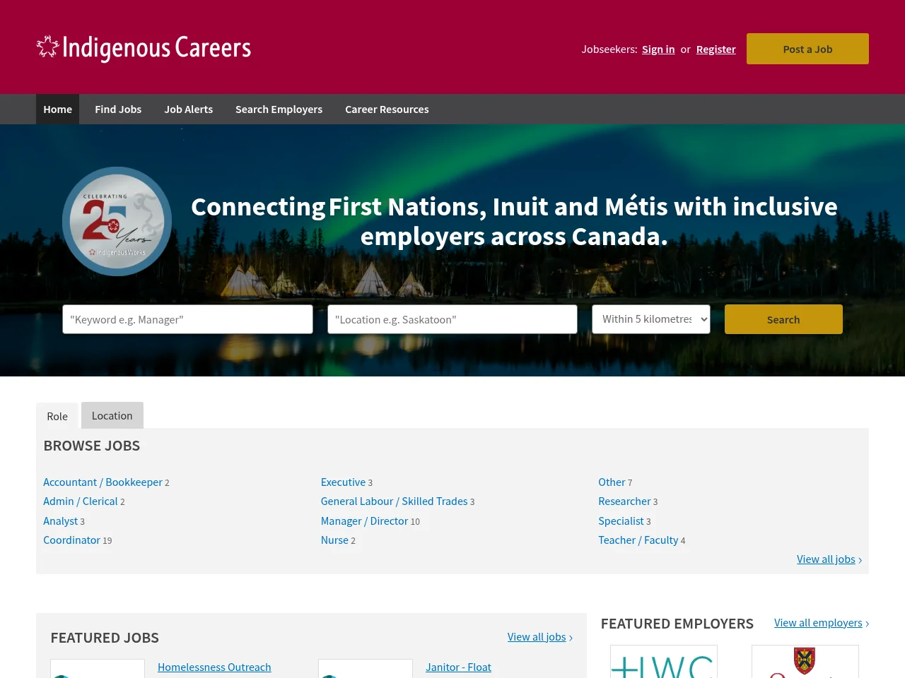 Indigenous Careers job board platform screenshot showing job search interface