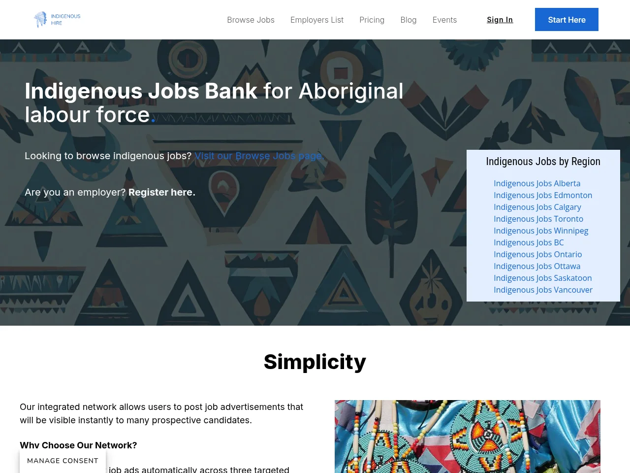 Indigenous Hire job board platform screenshot showing job search interface