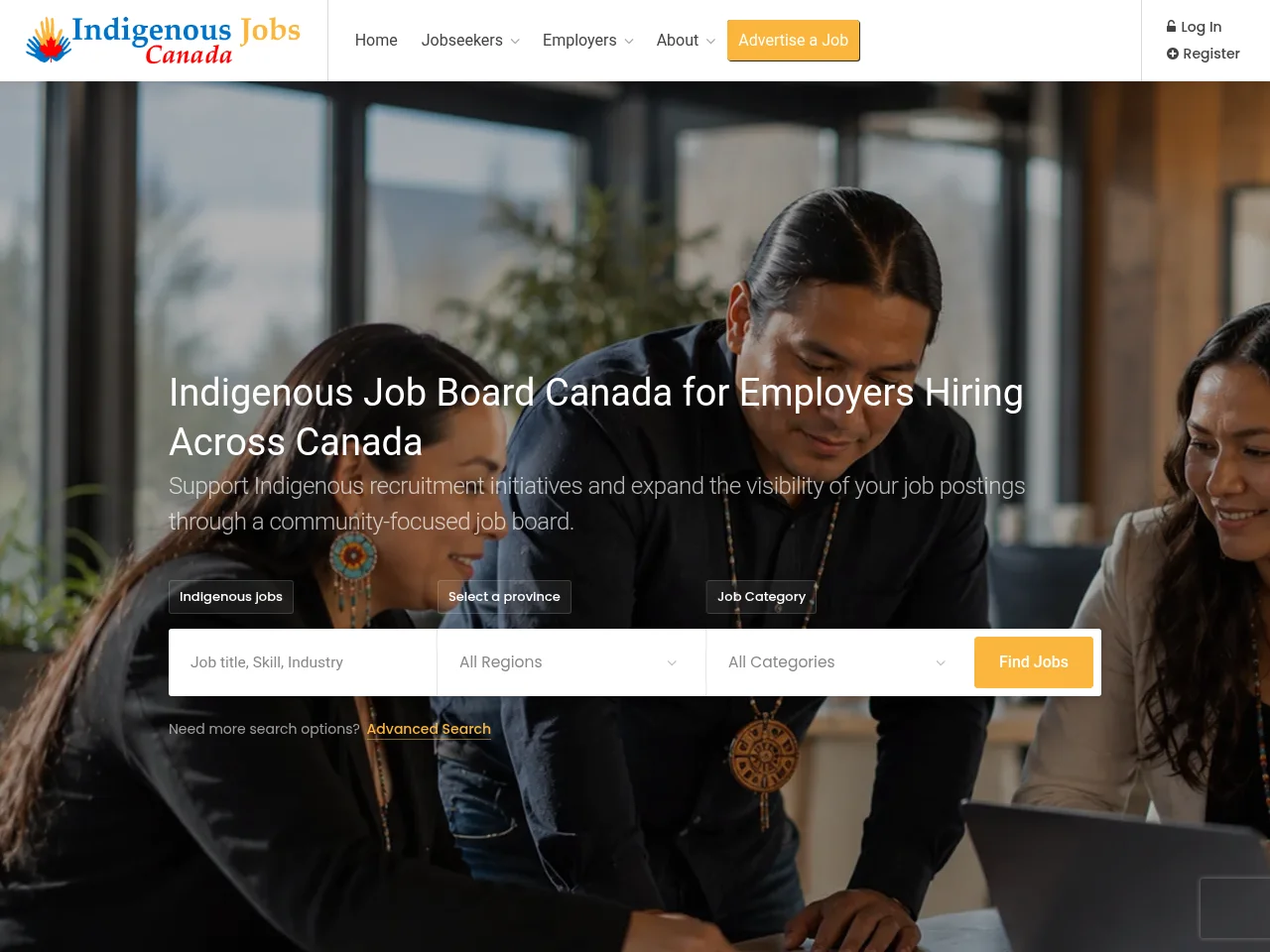 Indigenous Jobs Canada job board platform screenshot showing job search interface