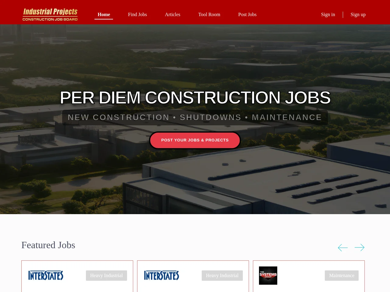 Industrial Projects Report job board platform screenshot showing job search interface
