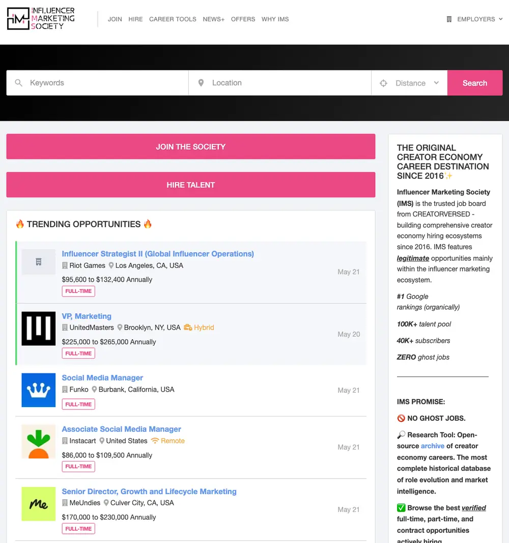 Influencer Marketing Society screenshot Influencer Marketing Society job board platform screenshot showing job search interface