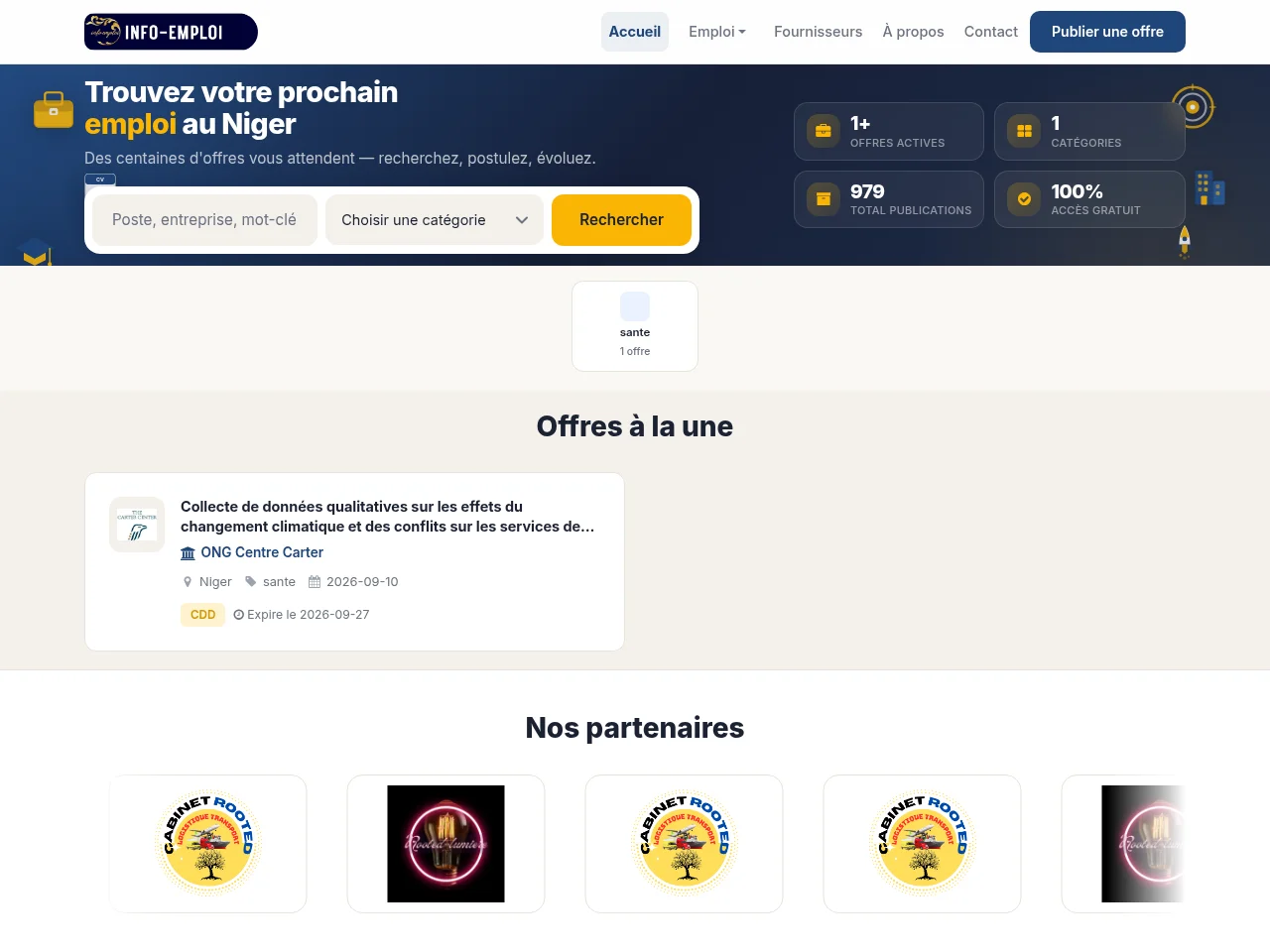 Emploi Niger job board platform screenshot showing job search interface