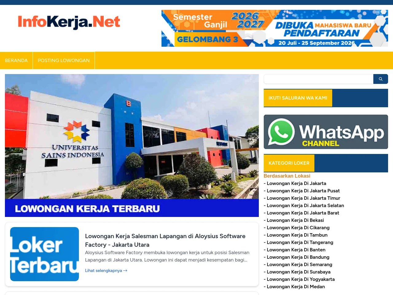 InfoKerja.net job board platform screenshot showing job search interface