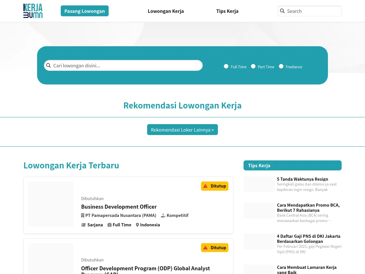 Info Kerja BUMN job board platform screenshot showing job search interface