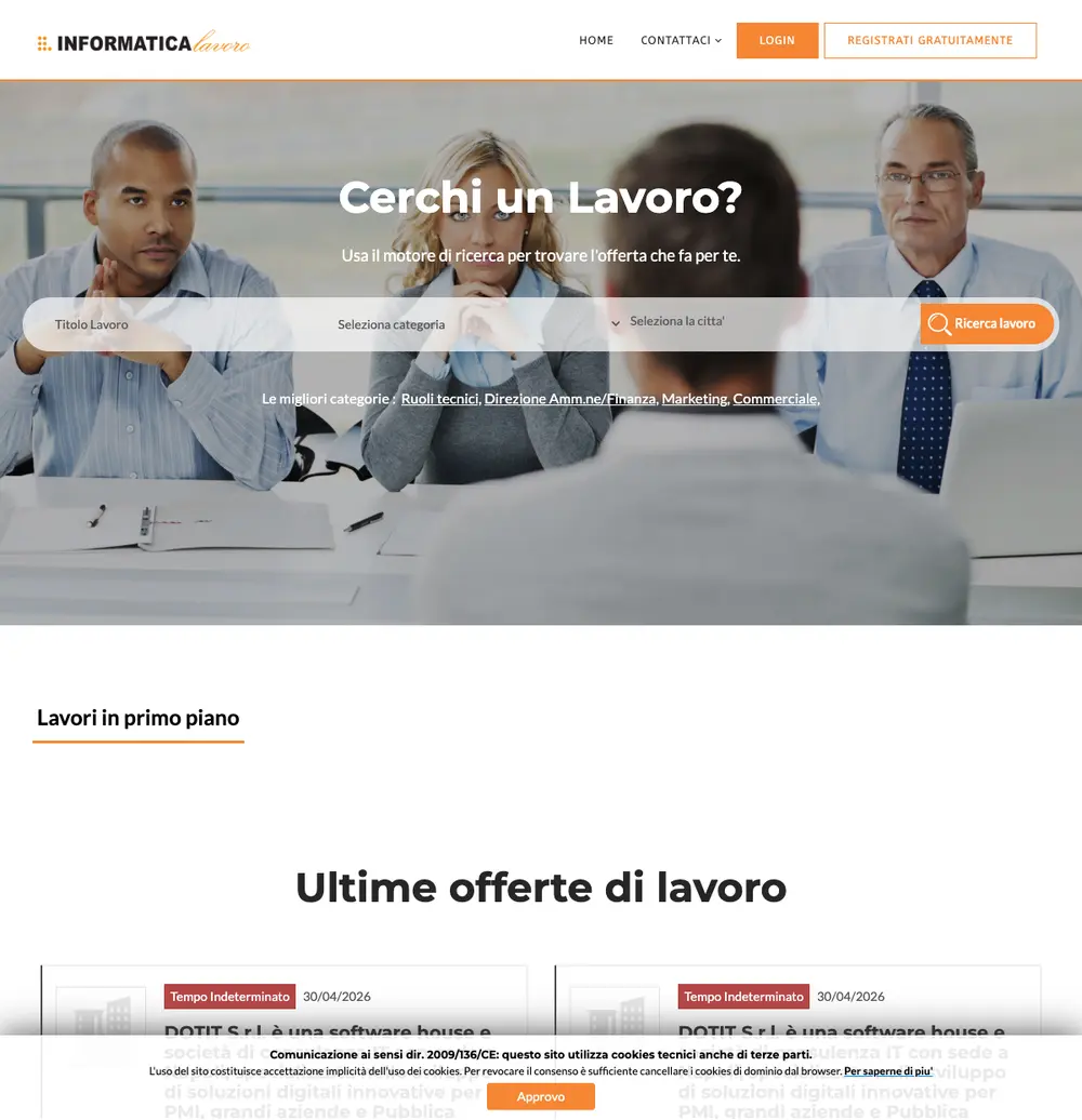 Informatica Lavoro job board platform screenshot showing job search interface