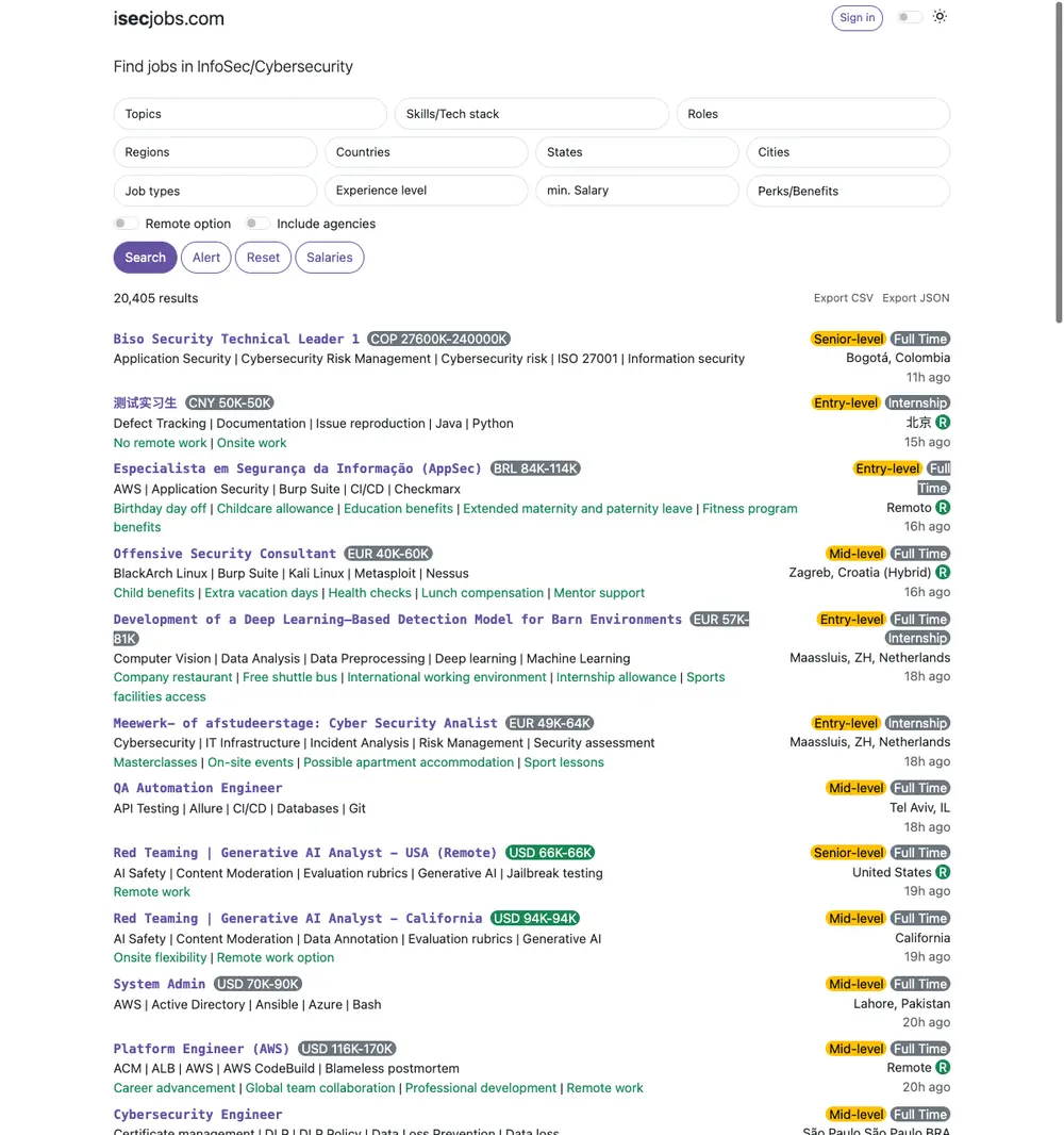 isecjobs.com job board platform screenshot showing job search interface