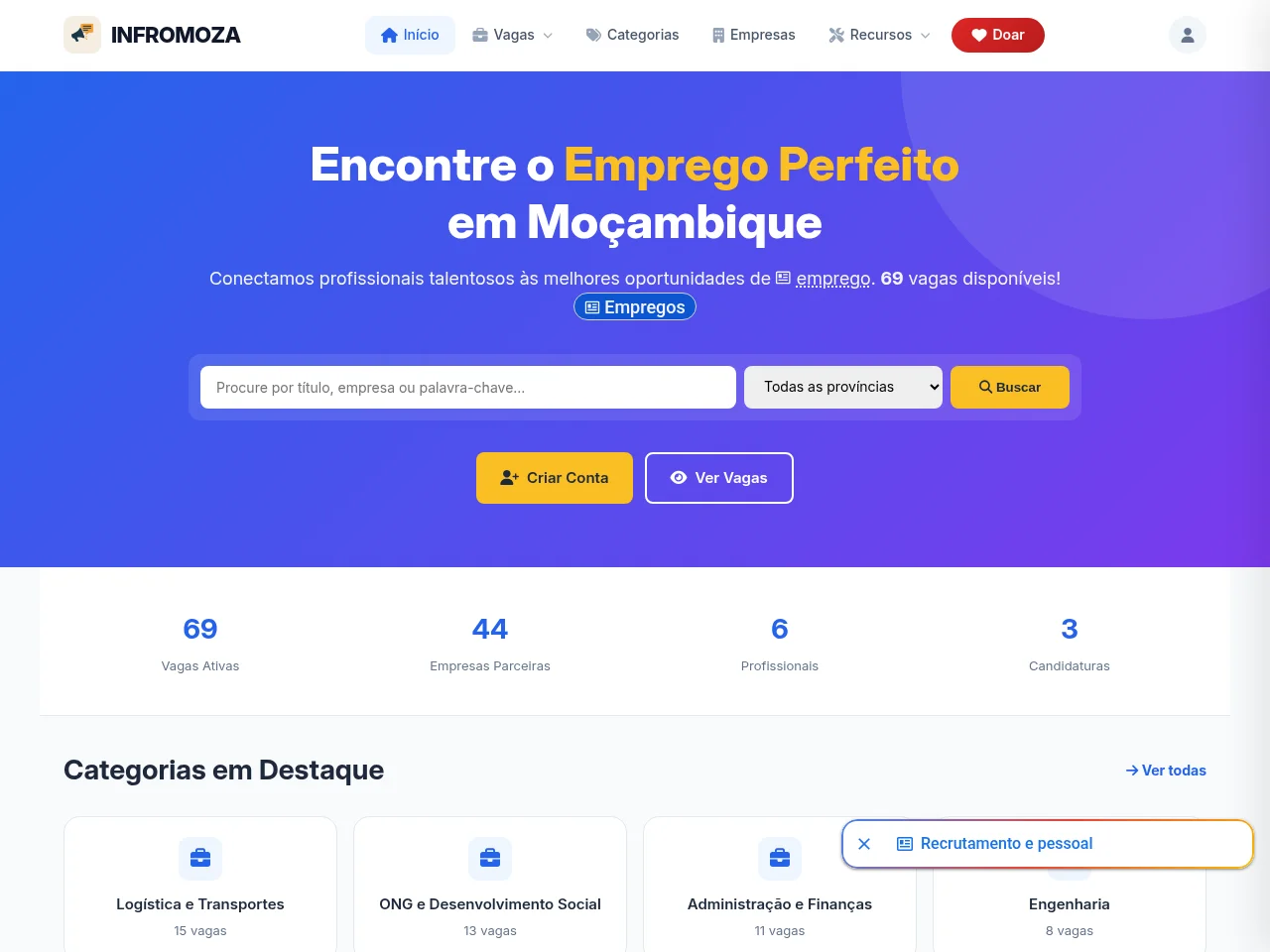 INFROMOZA job board platform screenshot showing job search interface