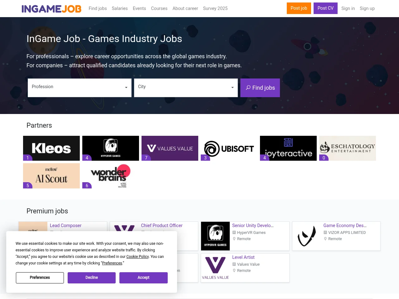 InGame Job job board platform screenshot showing job search interface