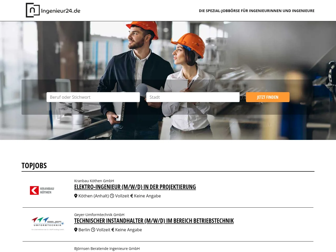 Ingenieur24.de job board platform screenshot showing job search interface