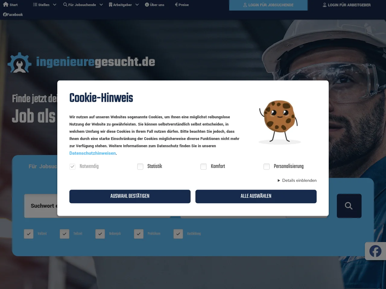 ingenieuregesucht.de job board platform screenshot showing job search interface