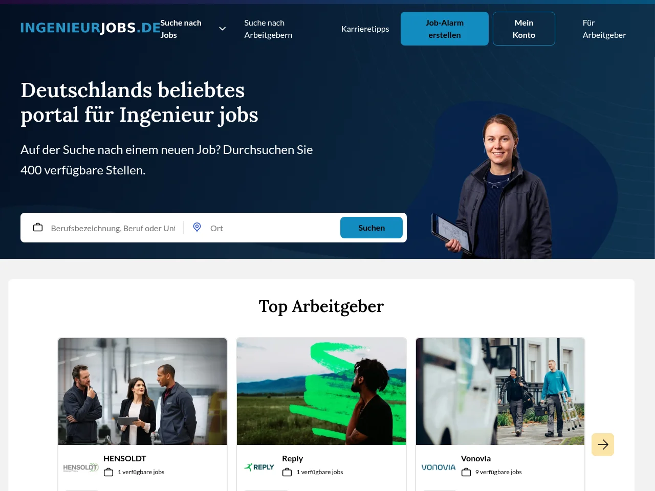 Ingenieurjobs job board platform screenshot showing job search interface