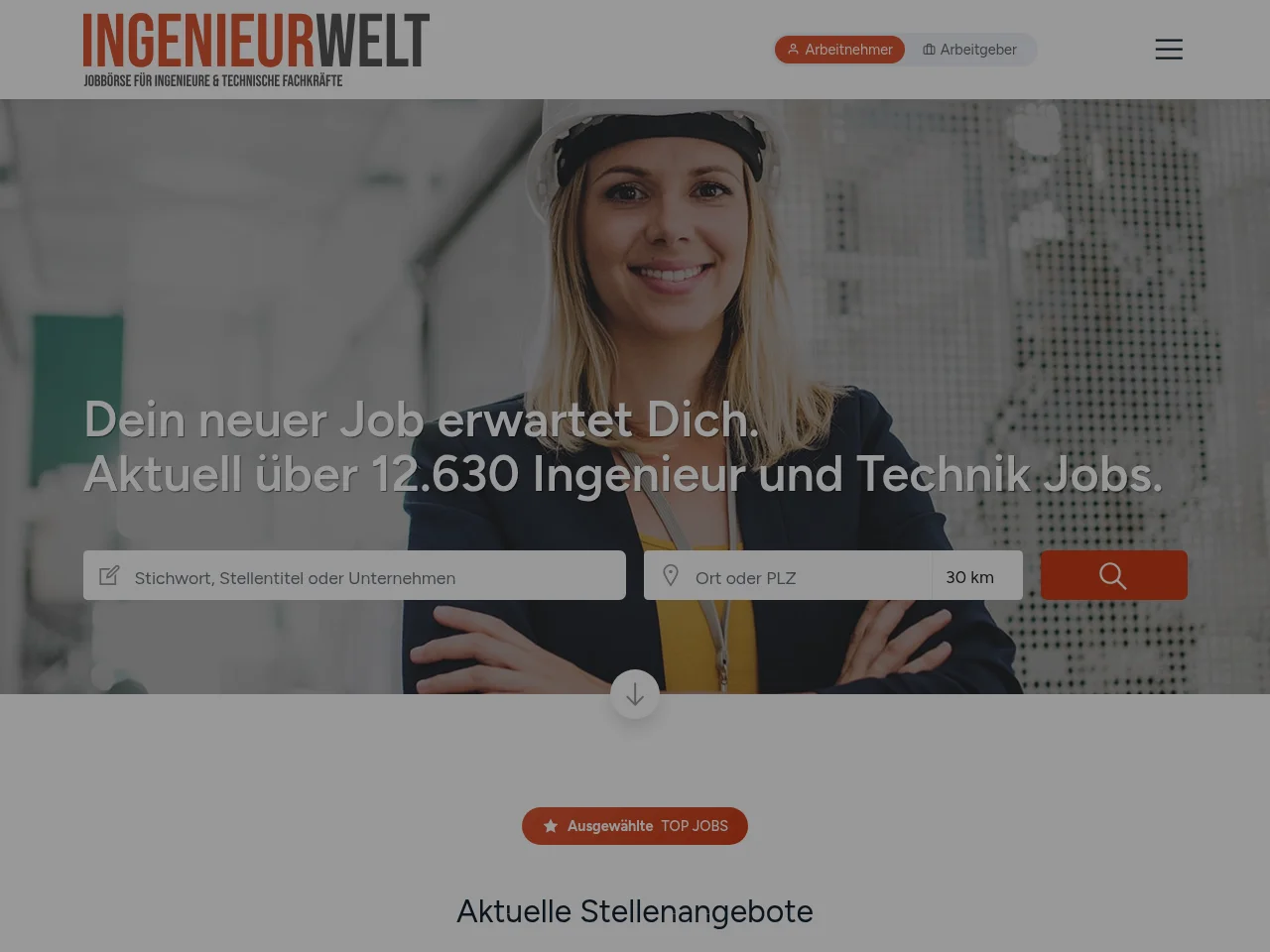 INGENIEURWELT job board platform screenshot showing job search interface