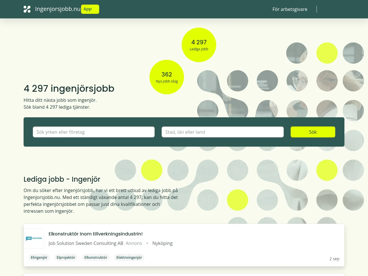 Ingenjorsjobb.nu job board platform screenshot showing job search interface