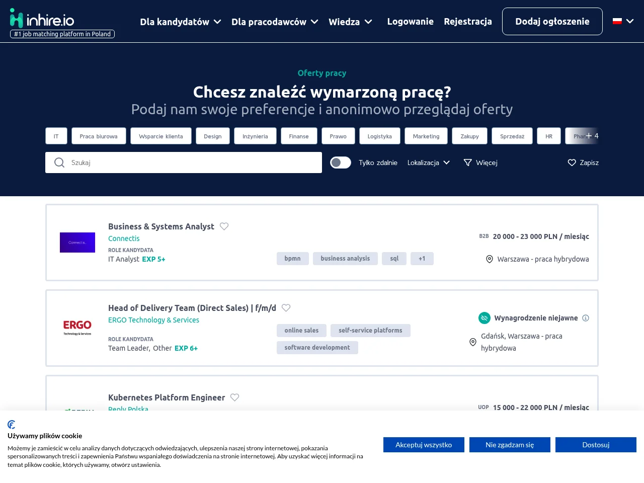 inhire.io job board platform screenshot showing job search interface