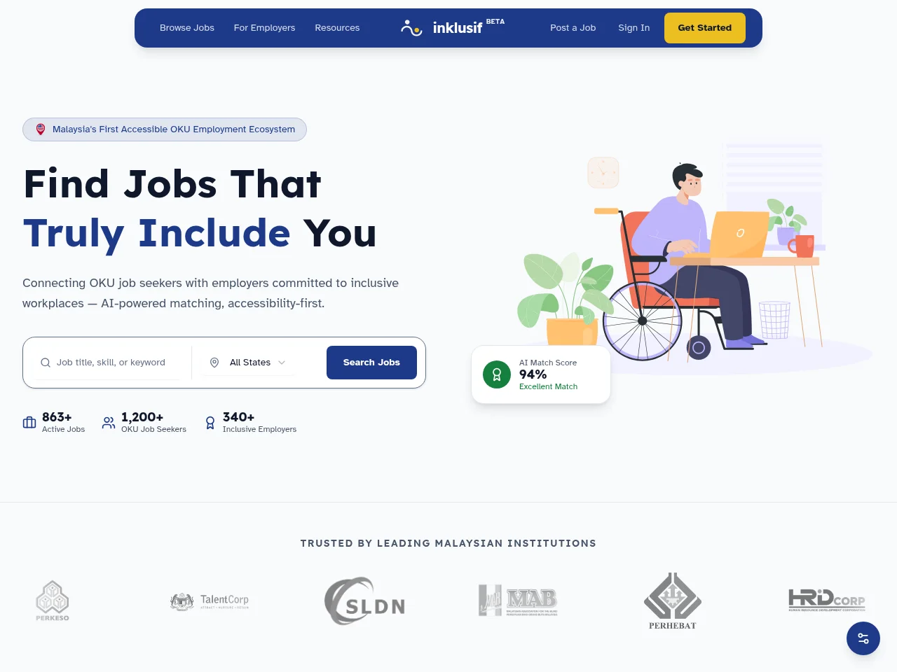 Inklusif job board platform screenshot showing job search interface