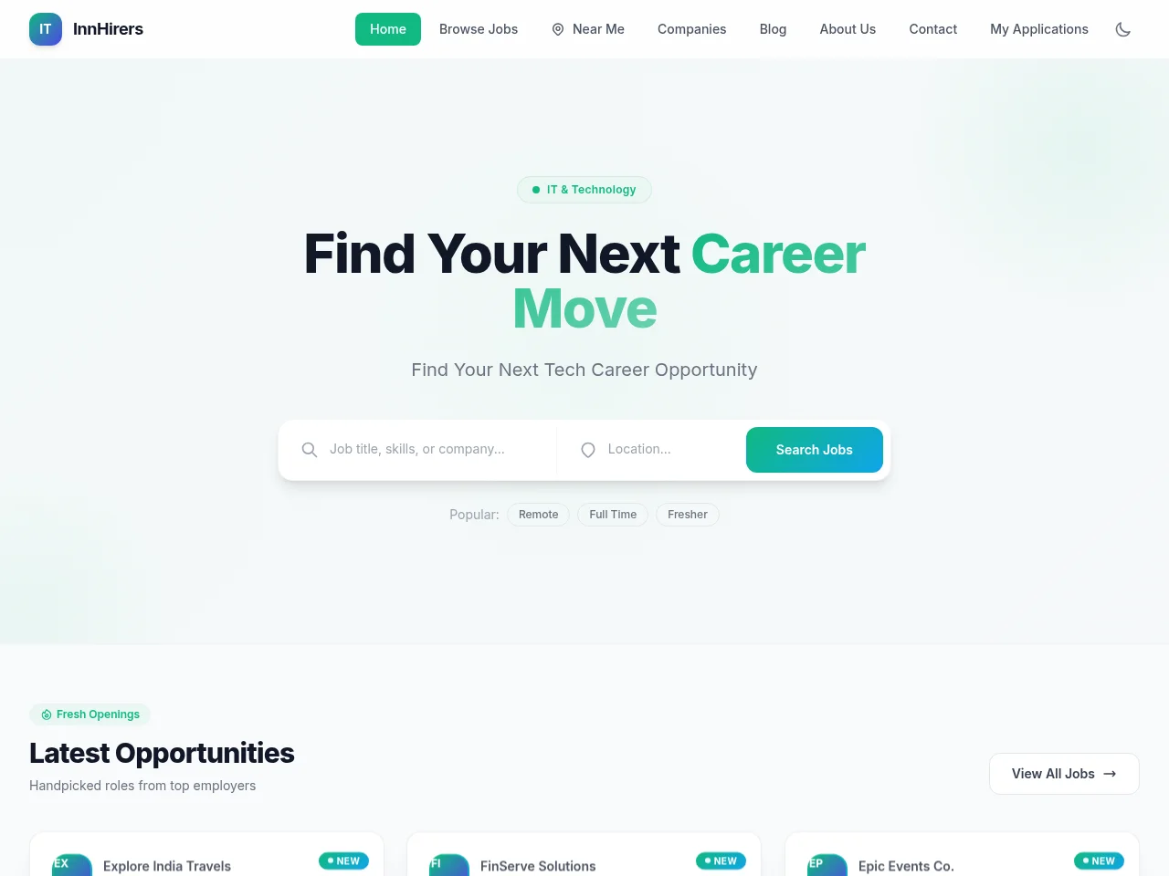 InnHirers job board platform screenshot showing job search interface