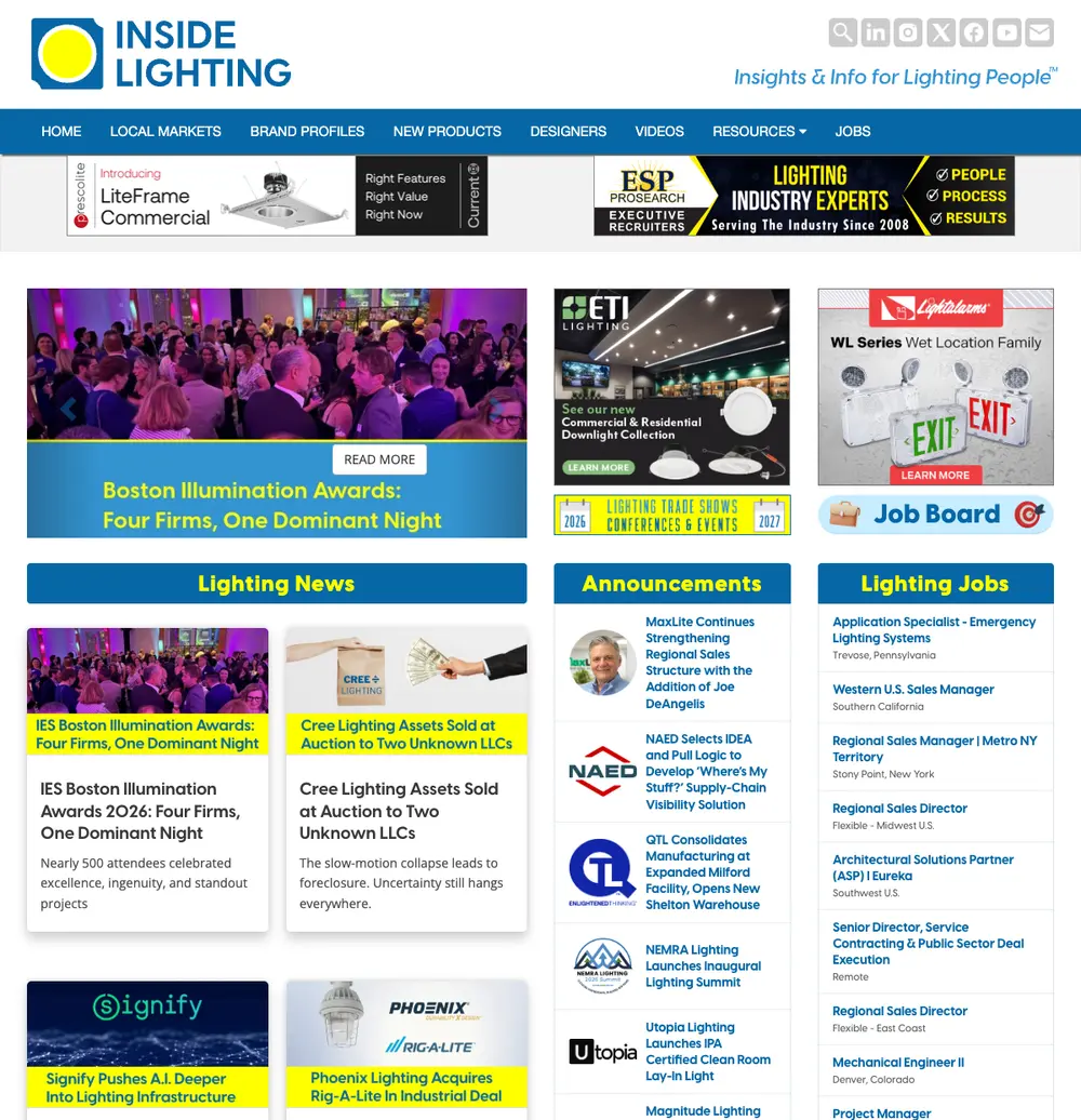 Inside Lighting job board platform screenshot showing job search interface