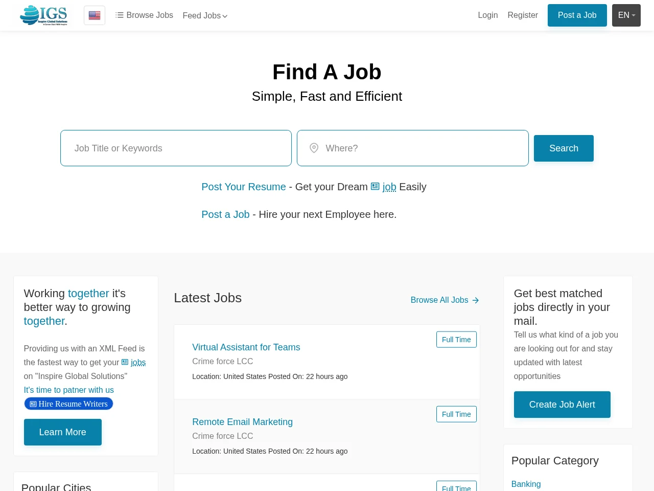 Inspire Global Solutions job board platform screenshot showing job search interface