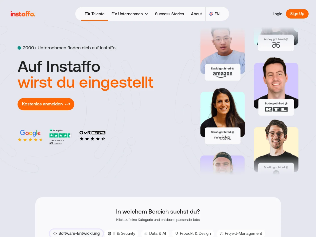 Instaffo job board platform screenshot showing job search interface