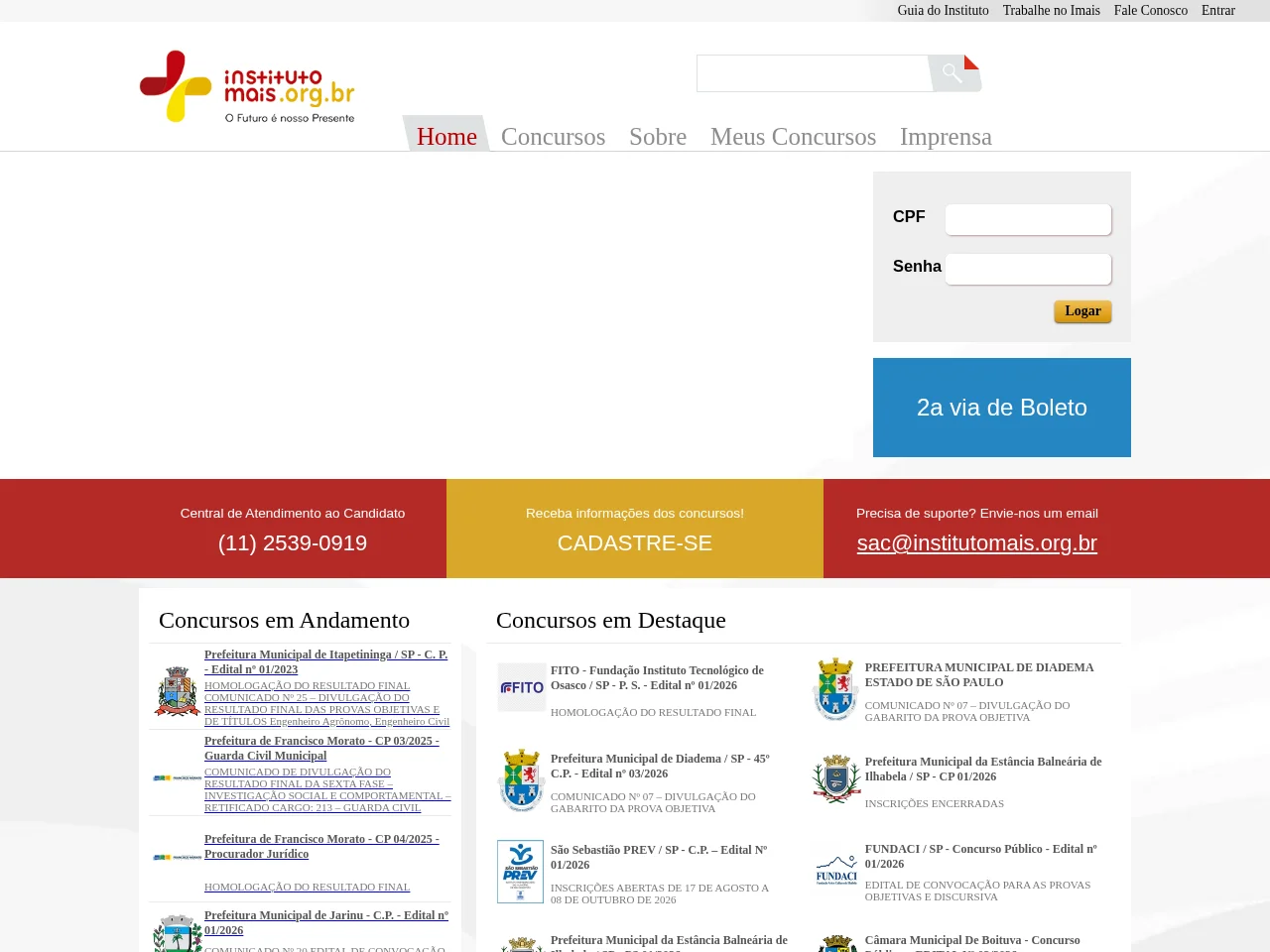 Instituto Mais job board platform screenshot showing job search interface