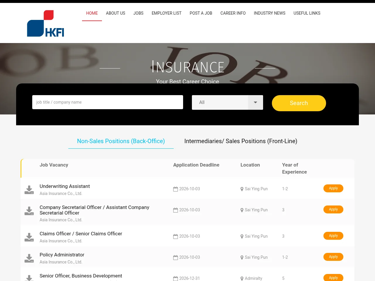 Hong Kong Federation of Insurers (HKFI) - Insurance Jobs job board platform screenshot showing job search interface