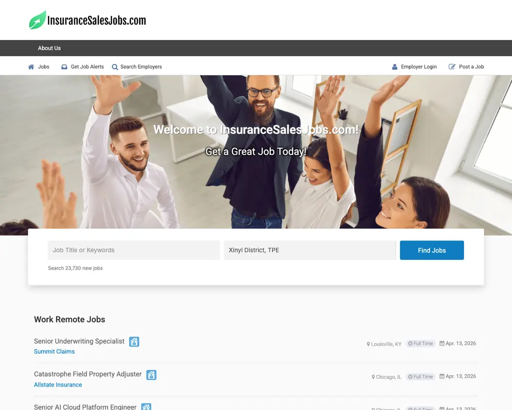 InsuranceSalesJobs.com job board platform screenshot showing job search interface