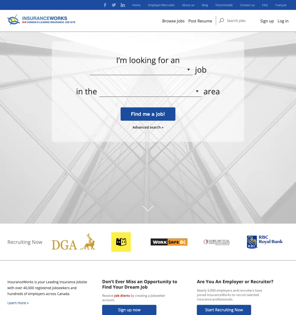 Insurance Works job board platform screenshot showing job search interface