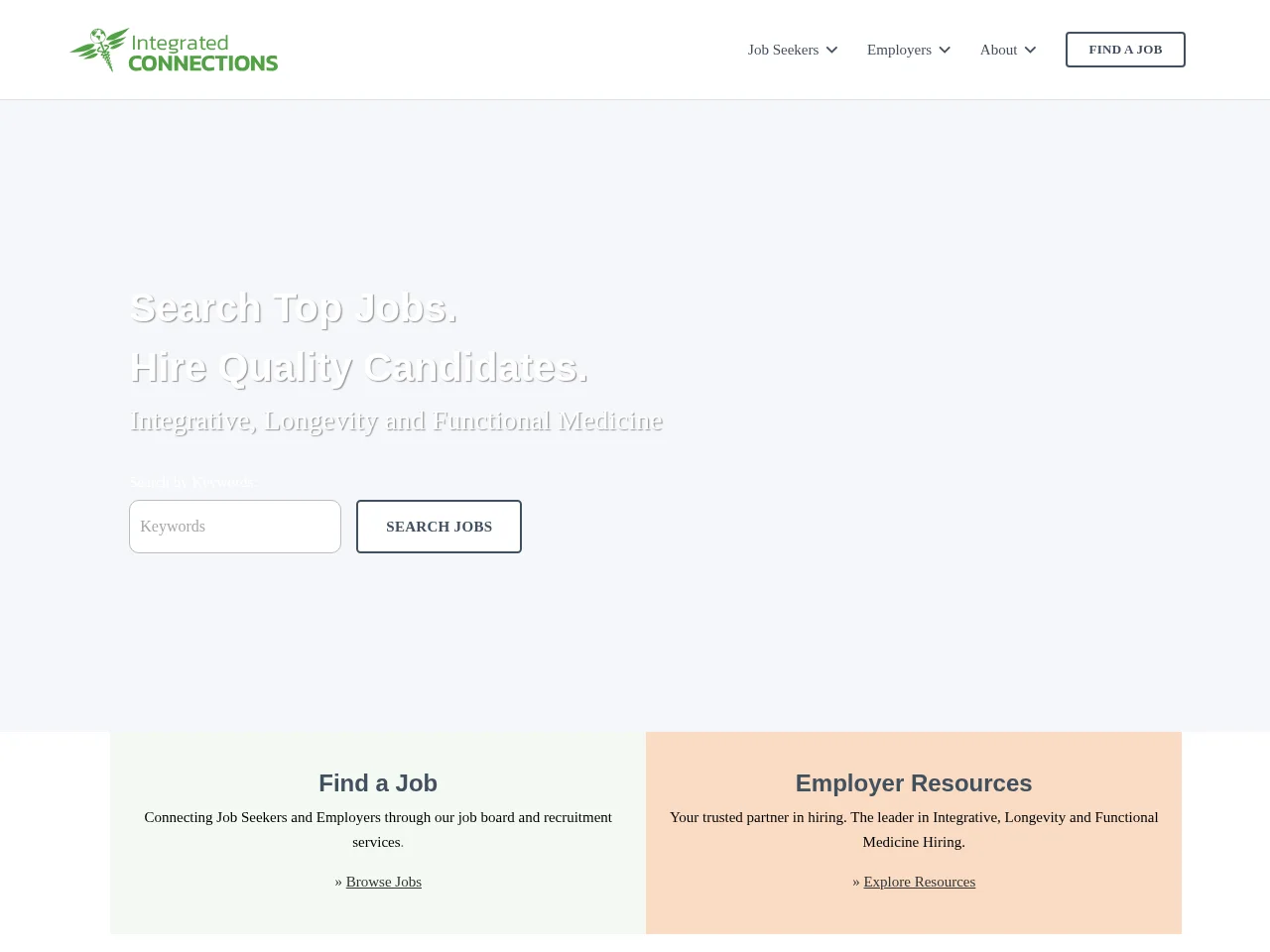Integrated Connections job board platform screenshot showing job search interface