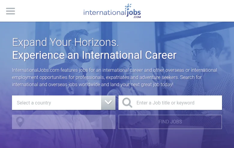 InternationalJobs.com job board platform screenshot showing job search interface
