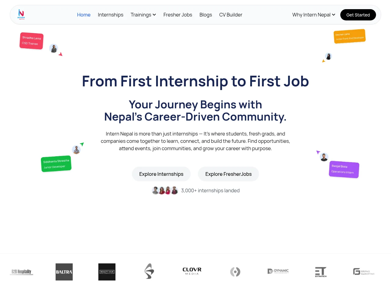 Intern Nepal job board platform screenshot showing job search interface