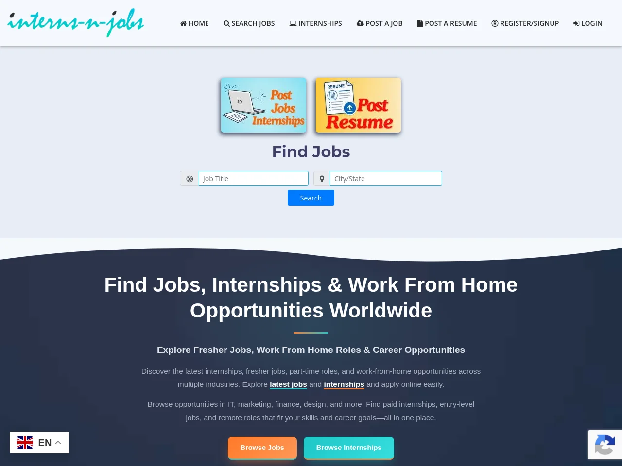 Interns-N-Jobs screenshot Interns-N-Jobs job board platform screenshot showing job search interface