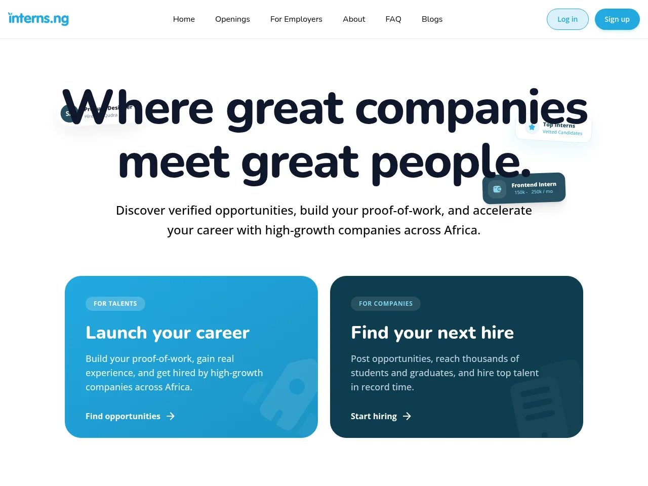 Interns.ng job board platform screenshot showing job search interface
