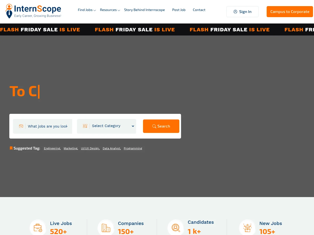 Internscope job board platform screenshot showing job search interface