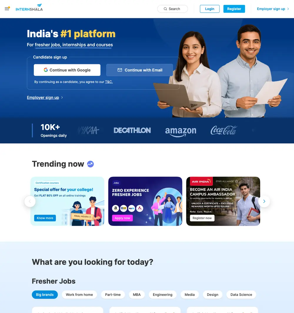 Internshala job board platform screenshot showing job search interface