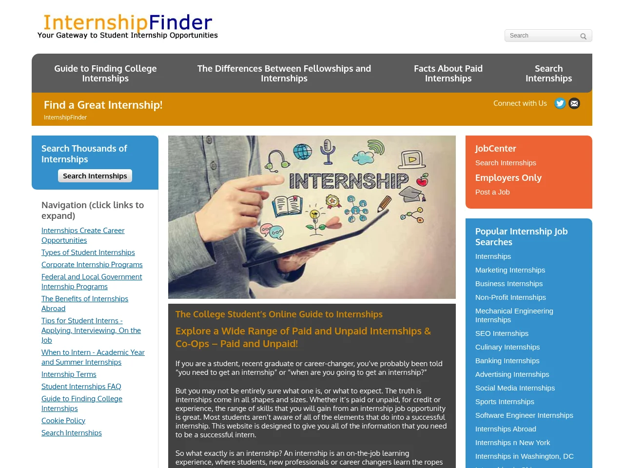 InternshipFinder job board platform screenshot showing job search interface
