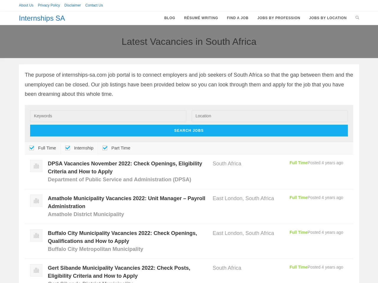 Internships SA job board platform screenshot showing job search interface