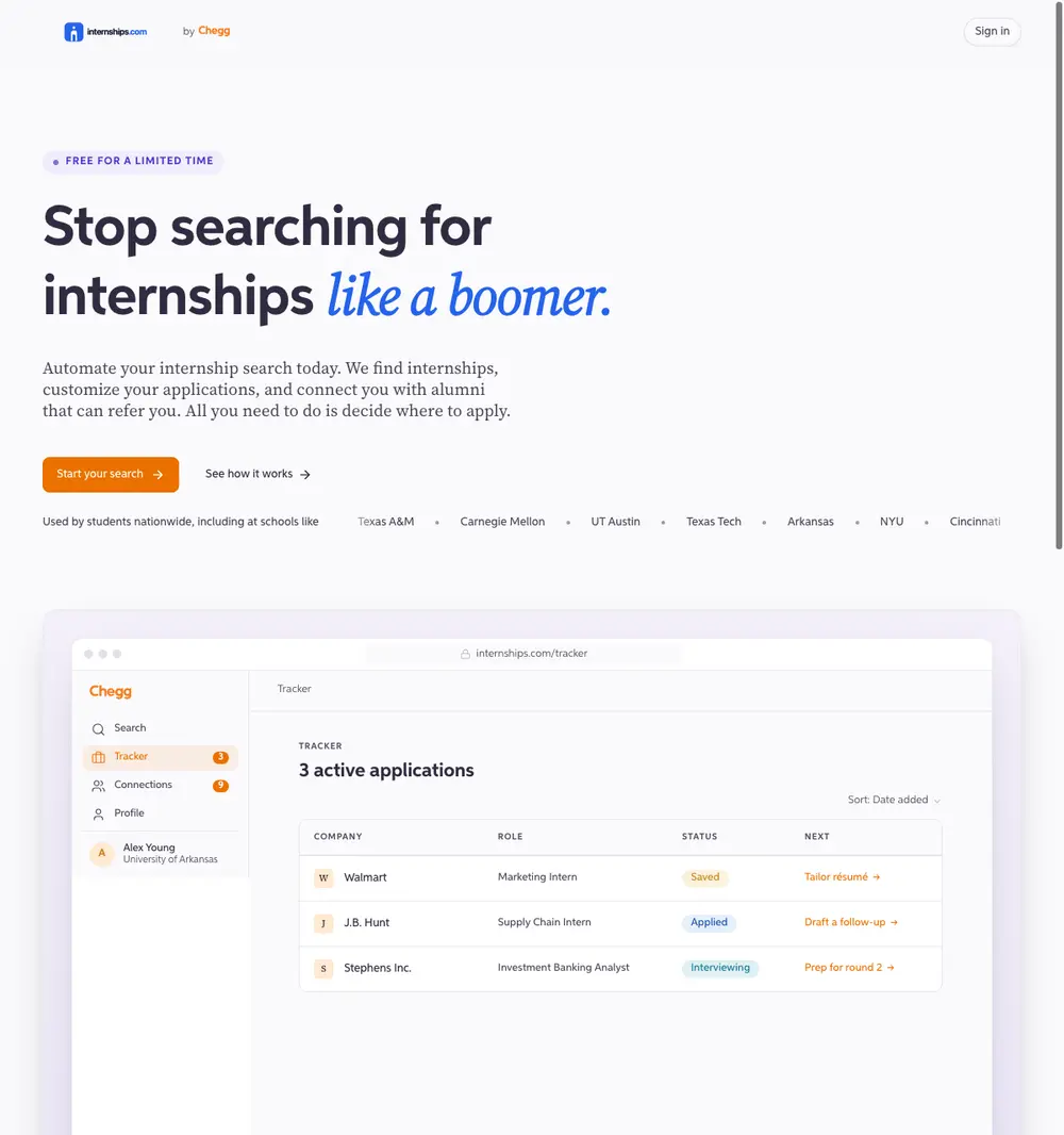 Internships.com job board platform screenshot showing job search interface
