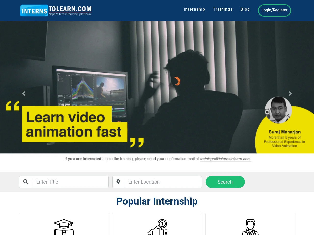 Interns To Learn job board platform screenshot showing job search interface
