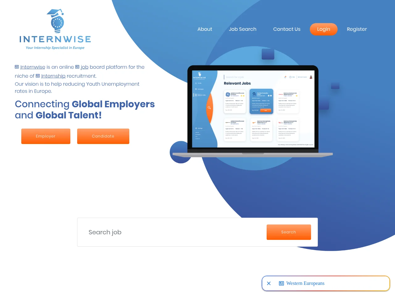 Internwise job board platform screenshot showing job search interface
