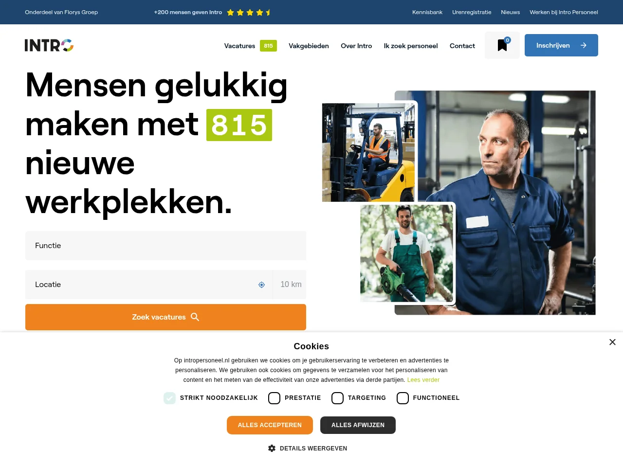 Intro Personeel job board platform screenshot showing job search interface