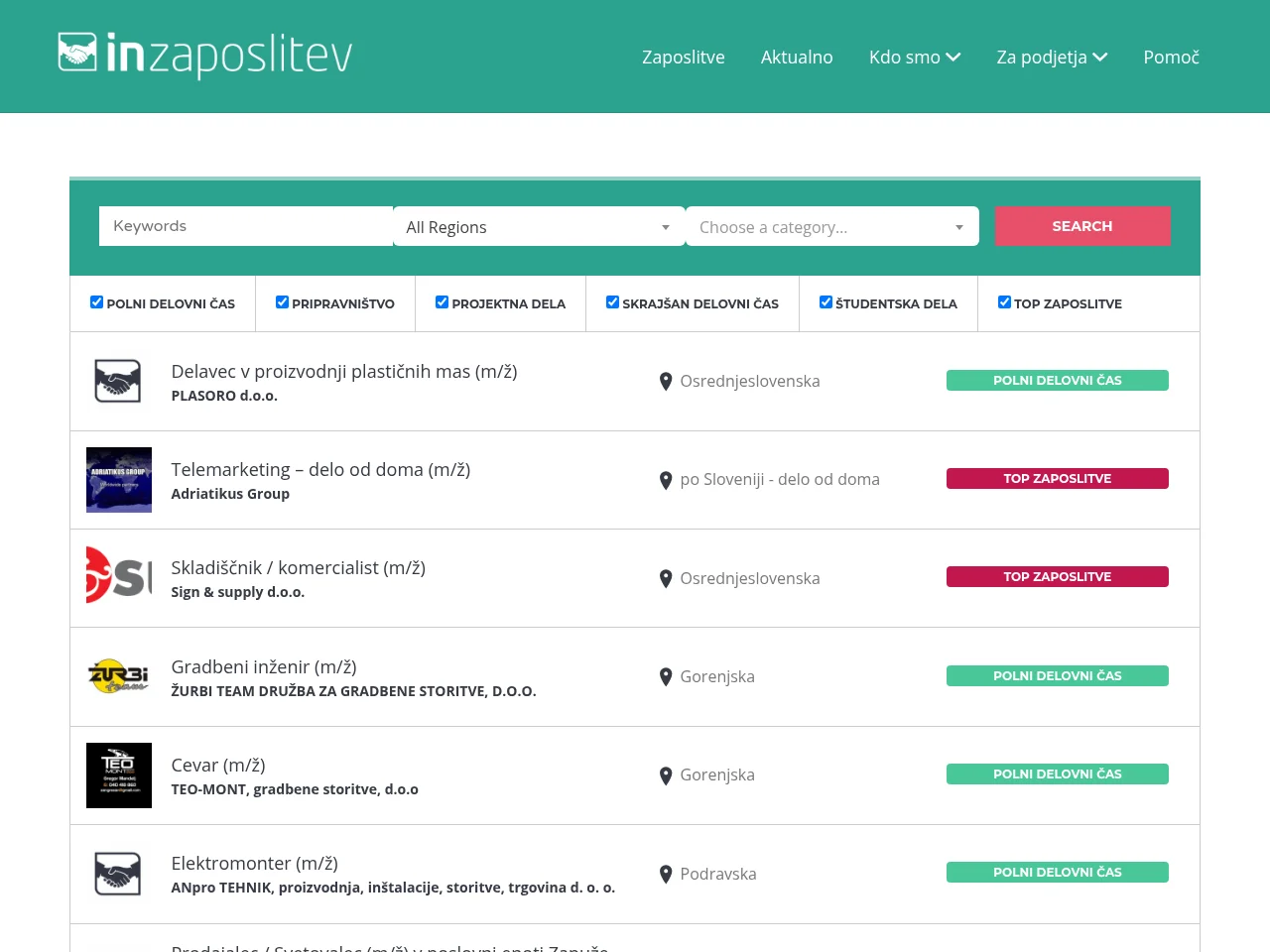 inzaposlitev.net screenshot inzaposlitev.net job board platform screenshot showing job search interface