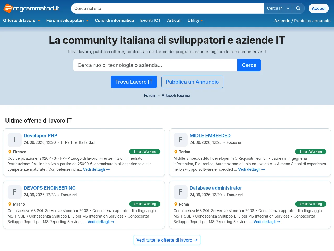 iProgrammatori job board platform screenshot showing job search interface