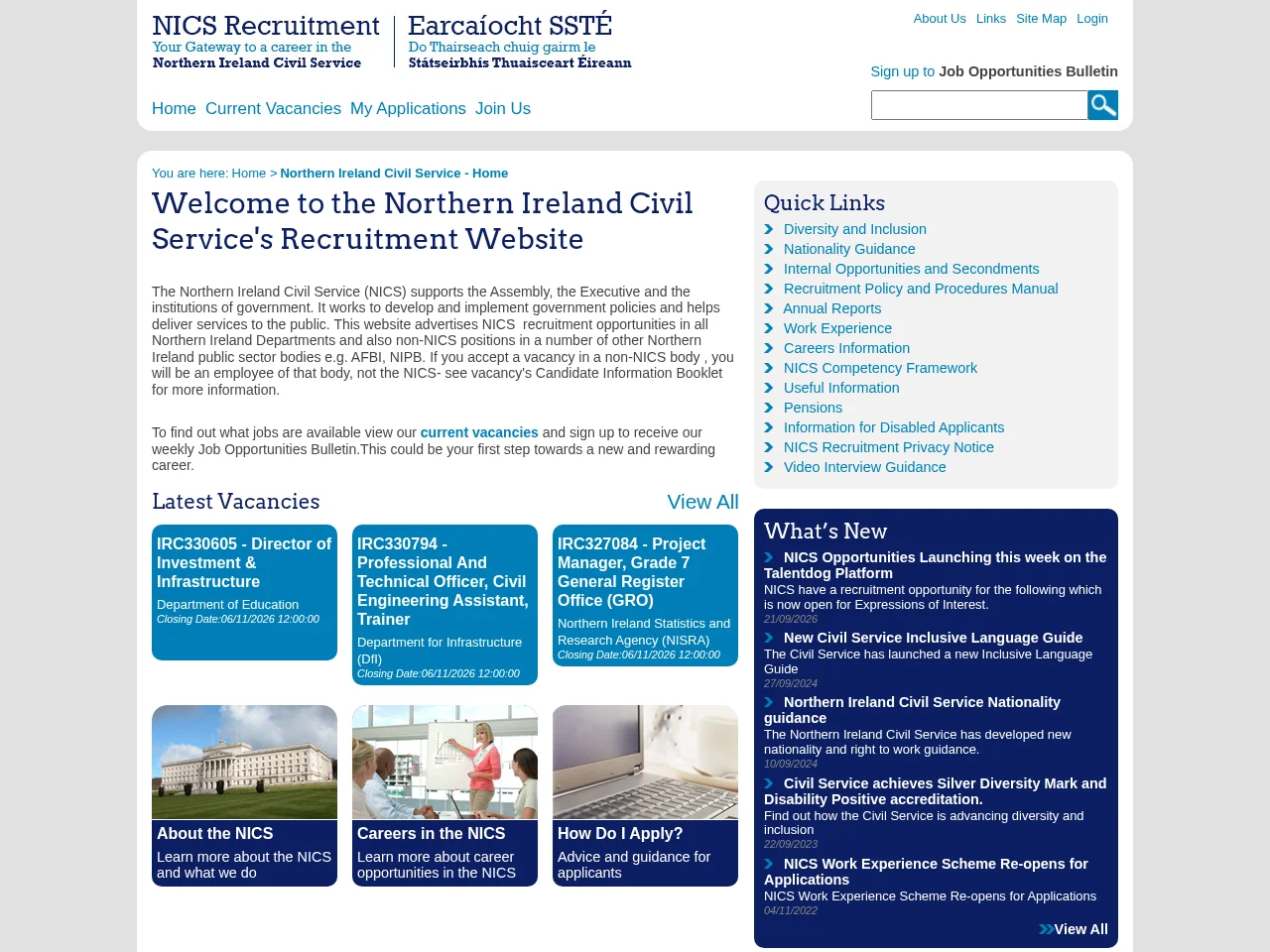 Northern Ireland Civil Service Recruitment website screenshot