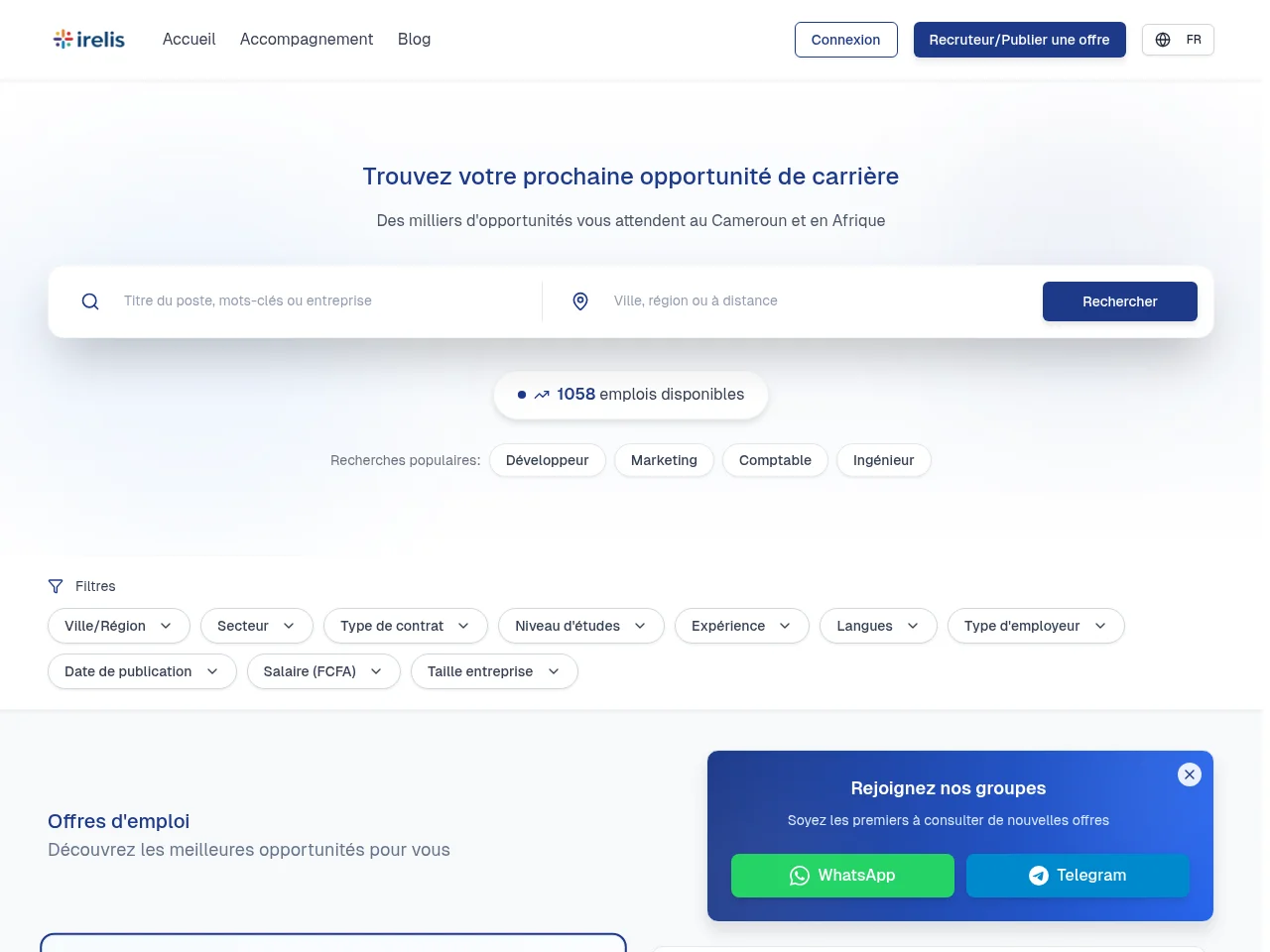 Irelis job board platform screenshot showing job search interface