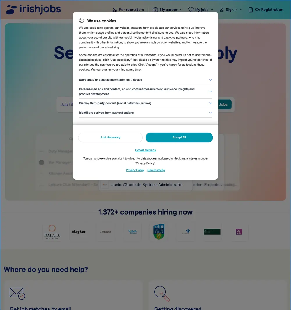 IrishJobs.ie job board platform screenshot showing job search interface