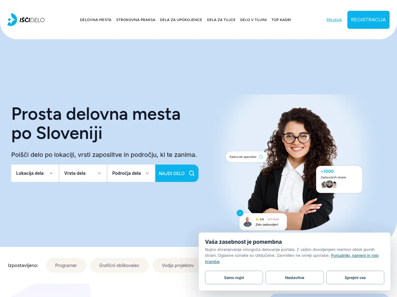 IščiDelo job board platform screenshot showing job search interface